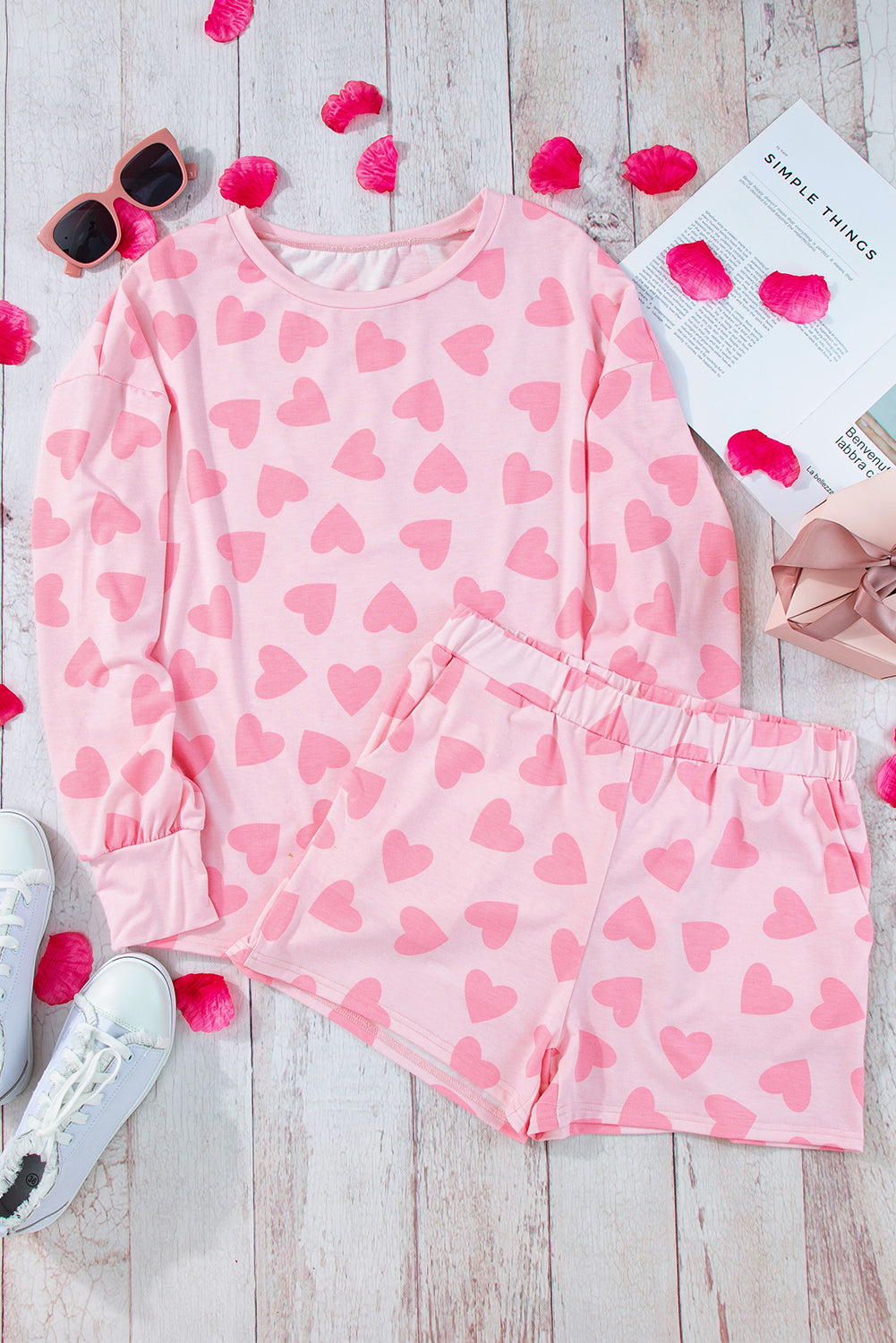 Stacey B's Heart Print Long Sleeve Top and Shorts Lounge Set