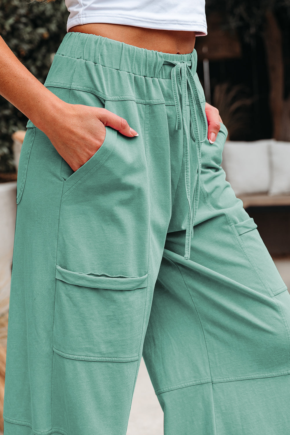 Stacey B's Mint Green Mineral Wash Exposed Seam Drawstring High Waist Wide Leg Cargo Pants