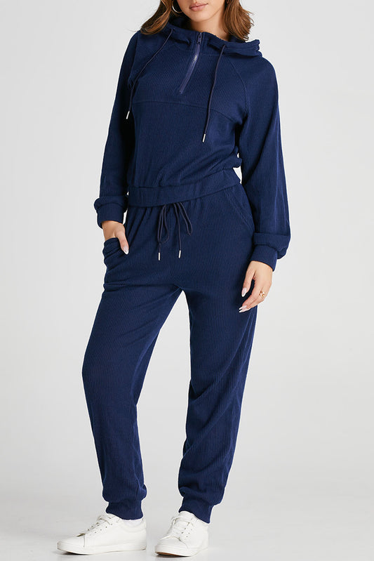 Stacey B's Navy Blue Ribbed Knit Cropped Hoodie and Drawstring Joggers Set