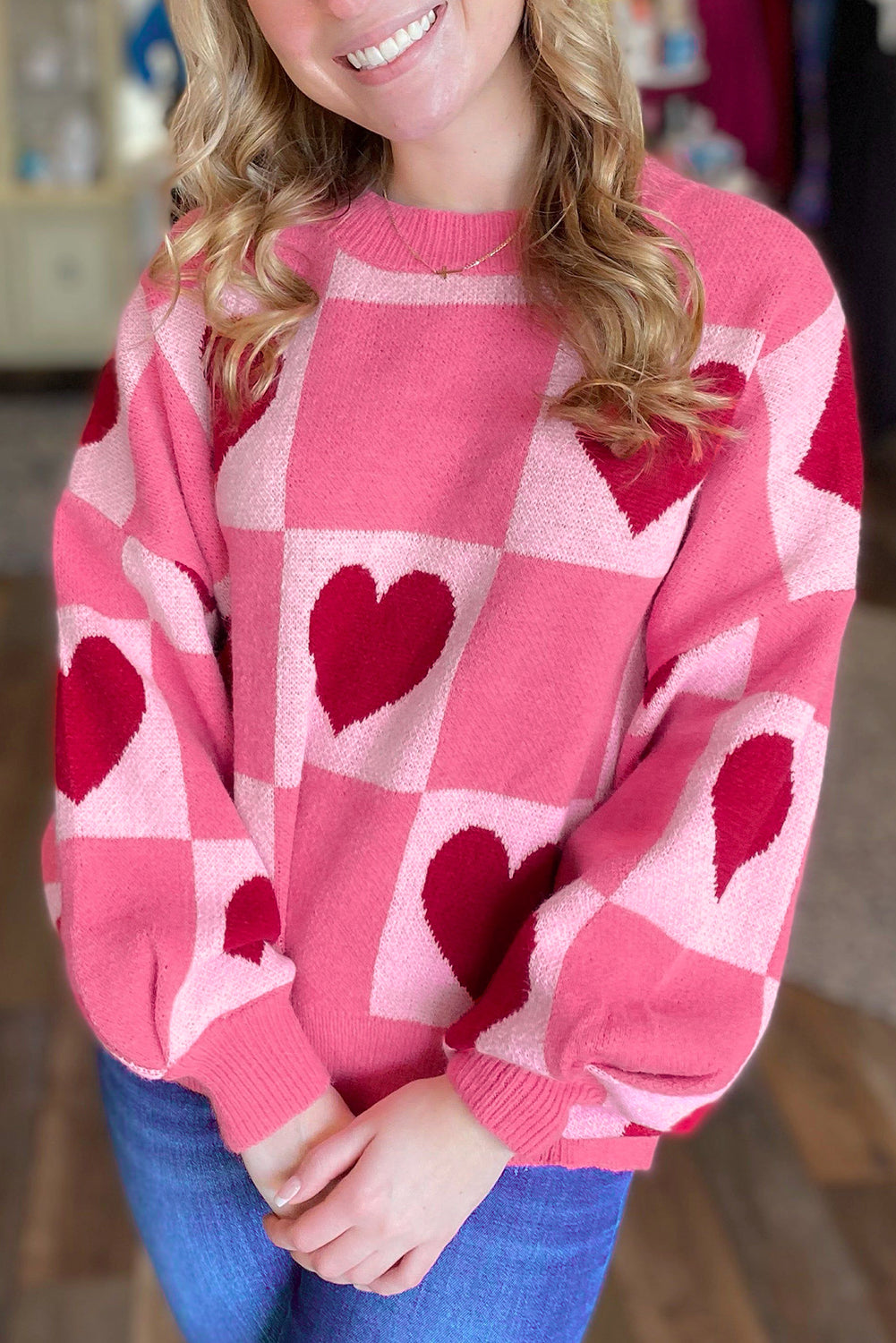 Stacey B's Pink Love Heart Checkered Valentine Crew Neck Sweater