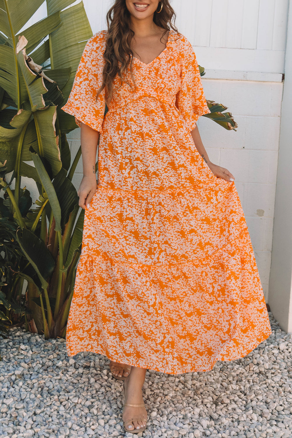 Stacey B's Orange Floral Print Smocked V Neck Wide Sleeve Maxi Dress