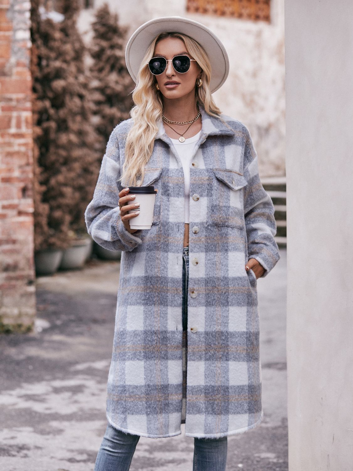 Stacey B's Mandy Plaid Dropped Shoulder Slit Coat