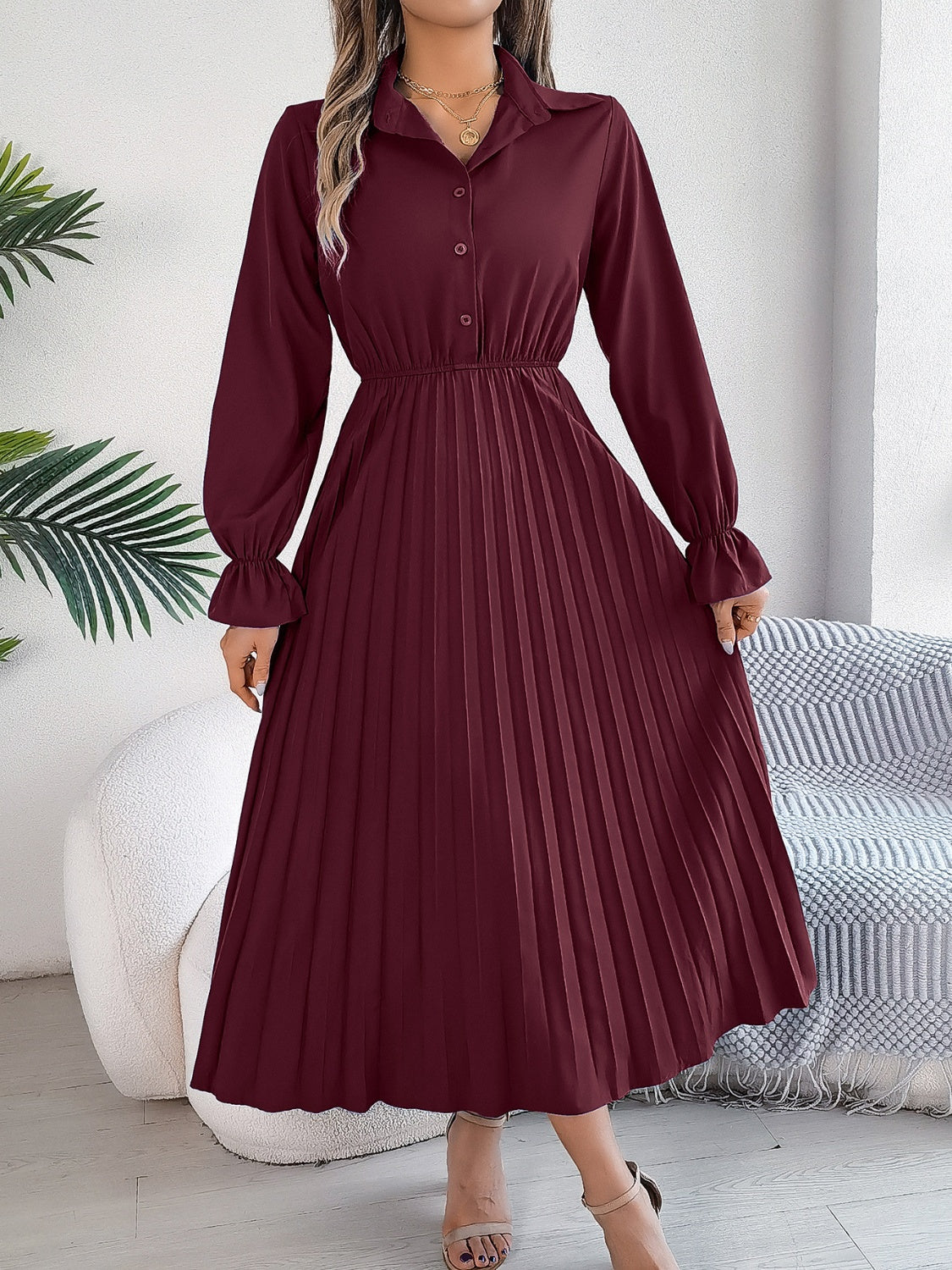 Stacey B's Pleated Half Button Long Sleeve Midi Dress