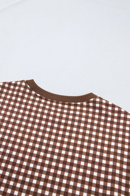 Stacey B's Brown Color Block Plaid Patchwork Long Sleeve Pullover Wide Leg Pant Set