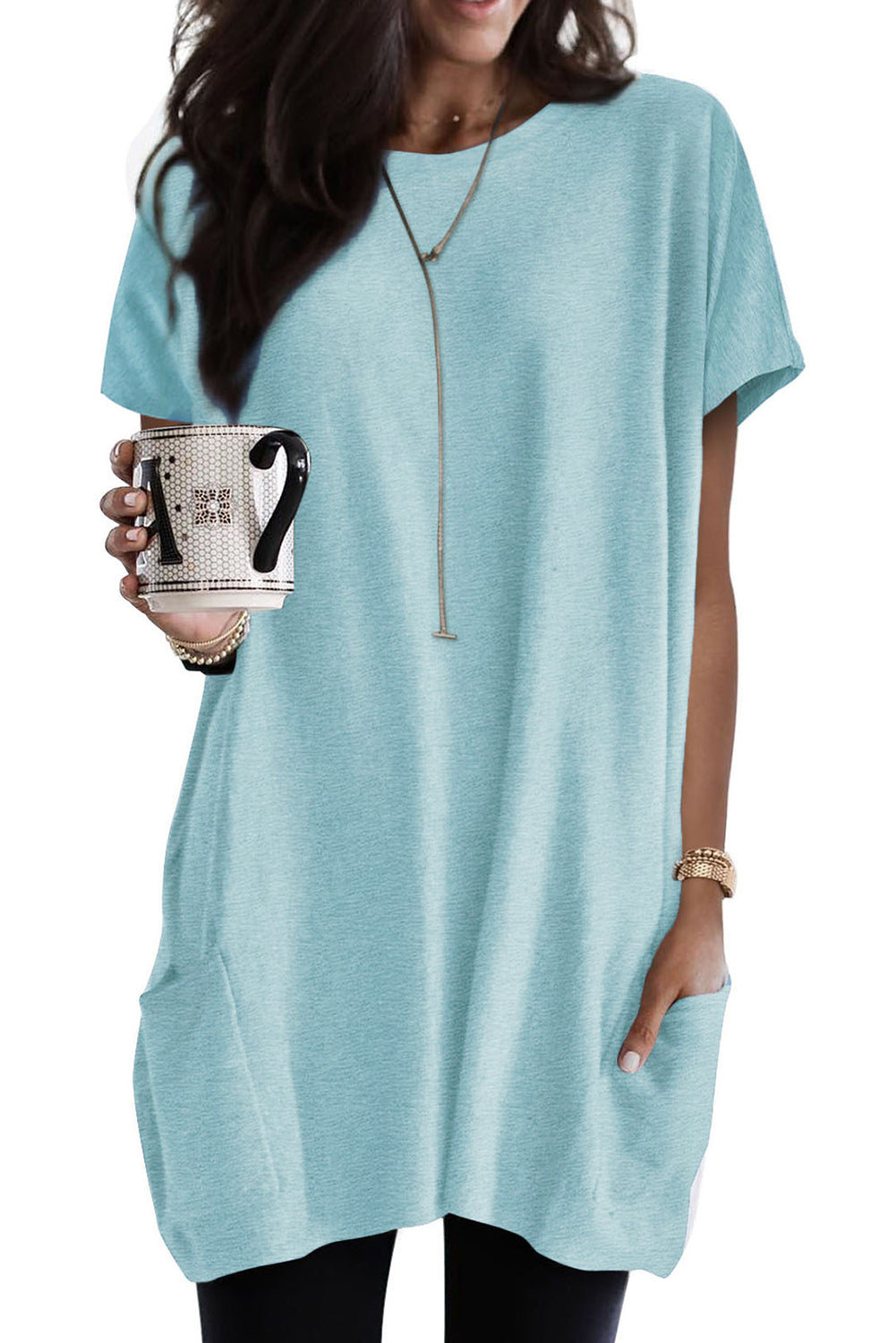 Stacey B's Light Blue Plain Loose Pocket Casual Tunic Long T-Shirt