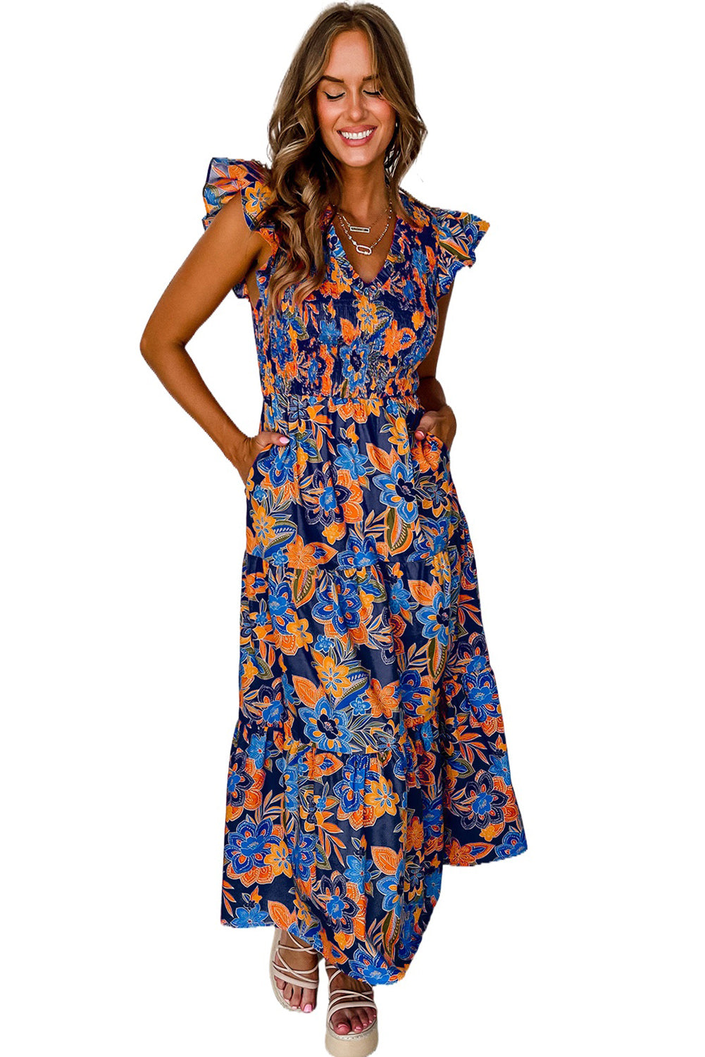 Stacey B's Dark Blue Boho Floral V Neck Ruffle Tiered Long Dress