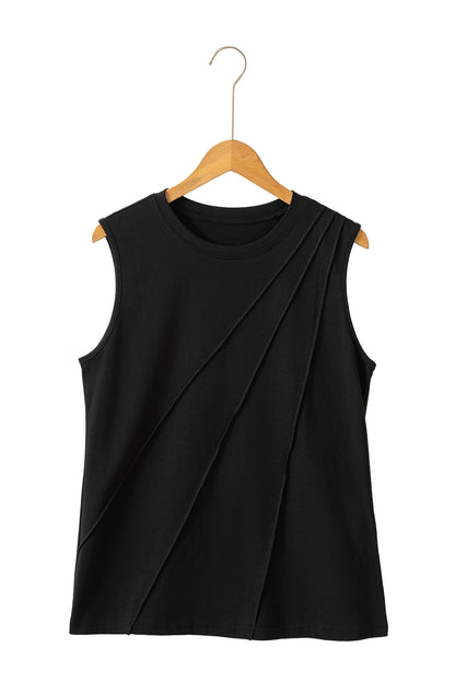 Stacey B's Black Solid Color Crew Neck Pleated Sleeveless Top
