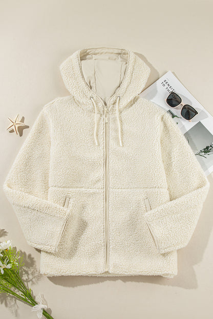 Stacey B's Beige Fleece Zip Up Drawstring Hooded Pocketed Jacket