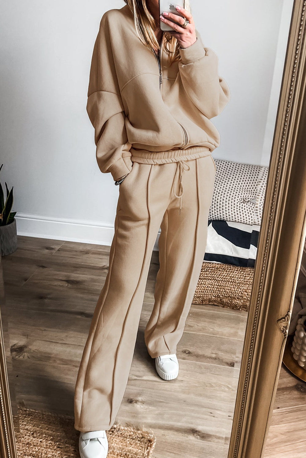 Stacey B's Apricot Solid Seamed Zipper Jacket and Drawstring Waist Pants Set