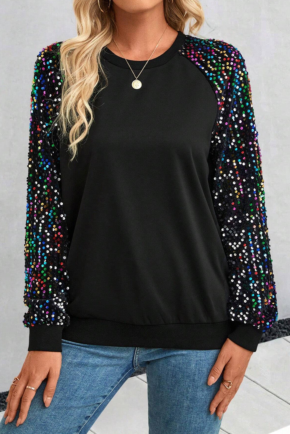 Stacey B's Black Sequin Raglan Sleeve Crewneck Pullover Sweatshirt