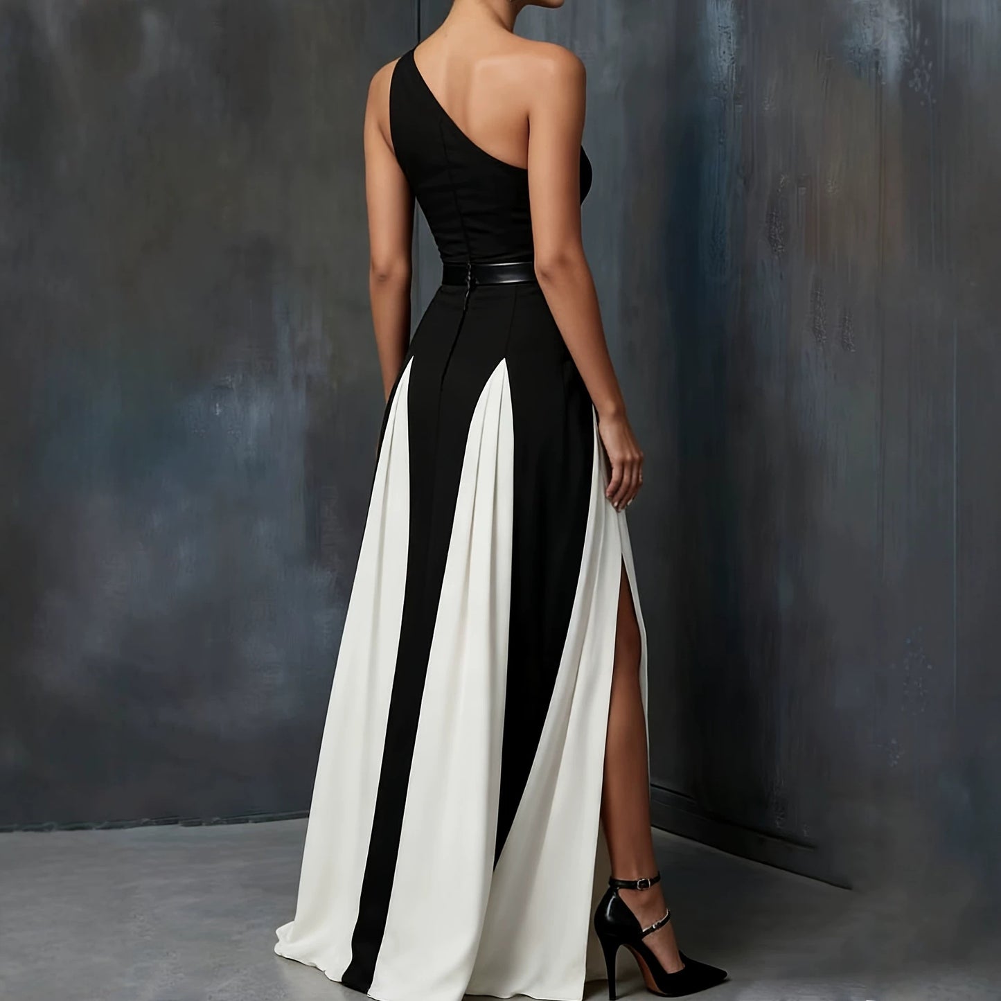 Stacey B's Elegant Single Shoulder Black and White Long Dress, Fashionable Chic Black and White Split Strap Dress