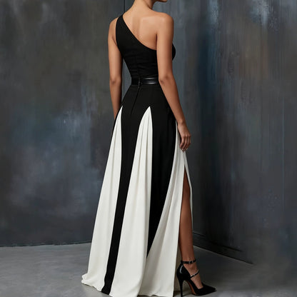 Stacey B's Elegant Single Shoulder Black and White Long Dress, Fashionable Chic Black and White Split Strap Dress