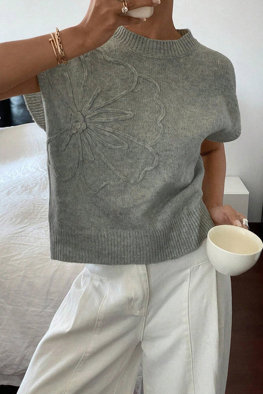 Stacey B's High Flower Pattern Ribbed Trim Short Sleeve Boxy Sweater