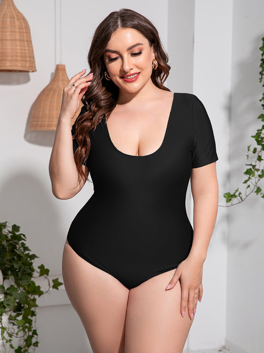 Stacey B's Plus Size Scoop Neck Short Sleeve One-Piece Swimsuit