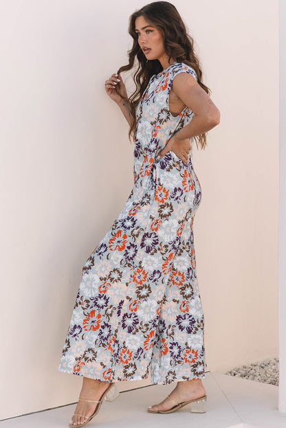 Stacey B's Sky Blue Floral Sleeveless Buttoned Pocketed Wide Leg Jumpsuit