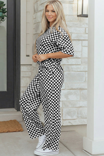 Stacey  B's Rose Checkered Print Half Sleeve Tee 2pcs Lounge Pant Set