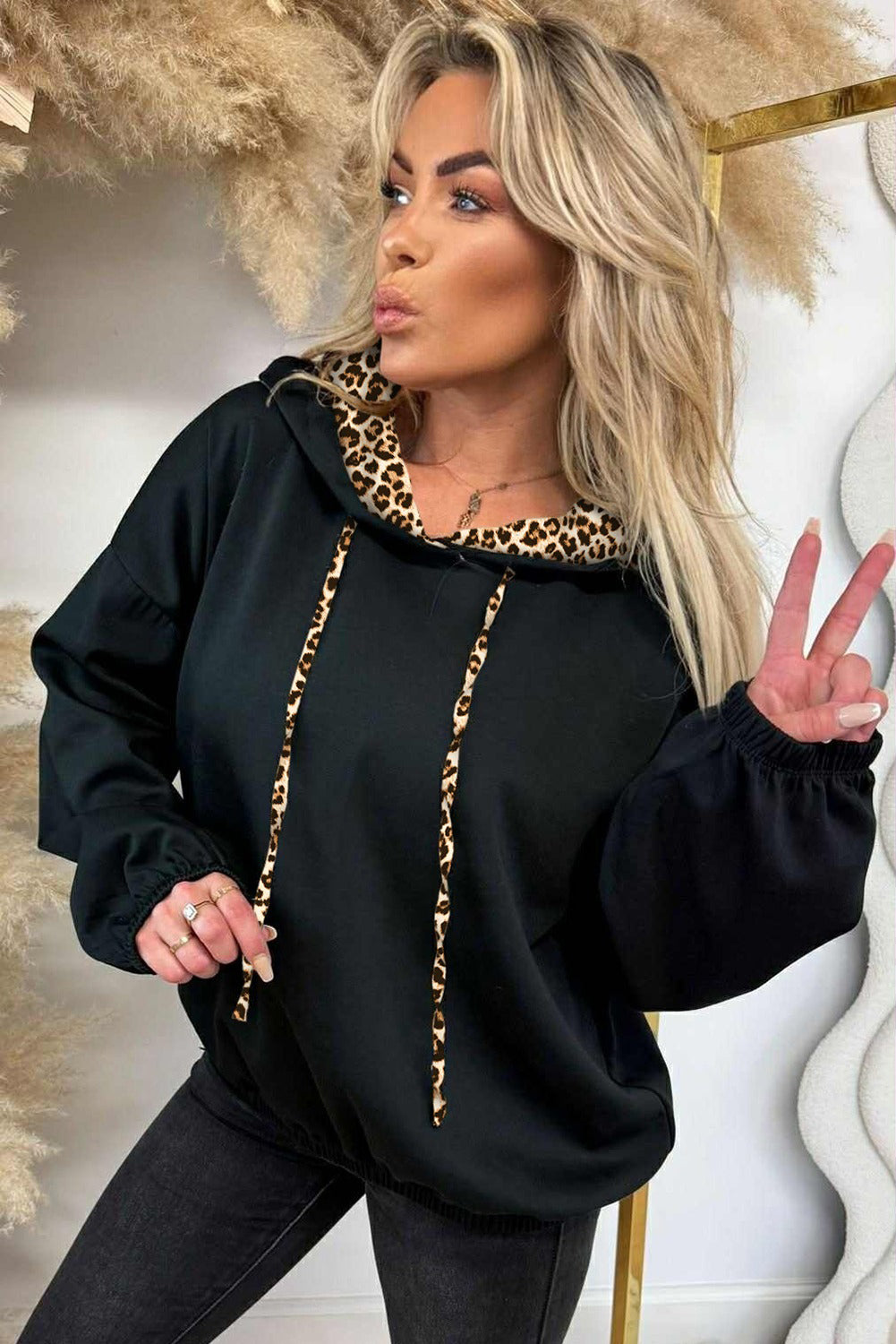 Stacey B's Black Leopard Contrast Drawstring Hood Drop Shoulder Loose Top