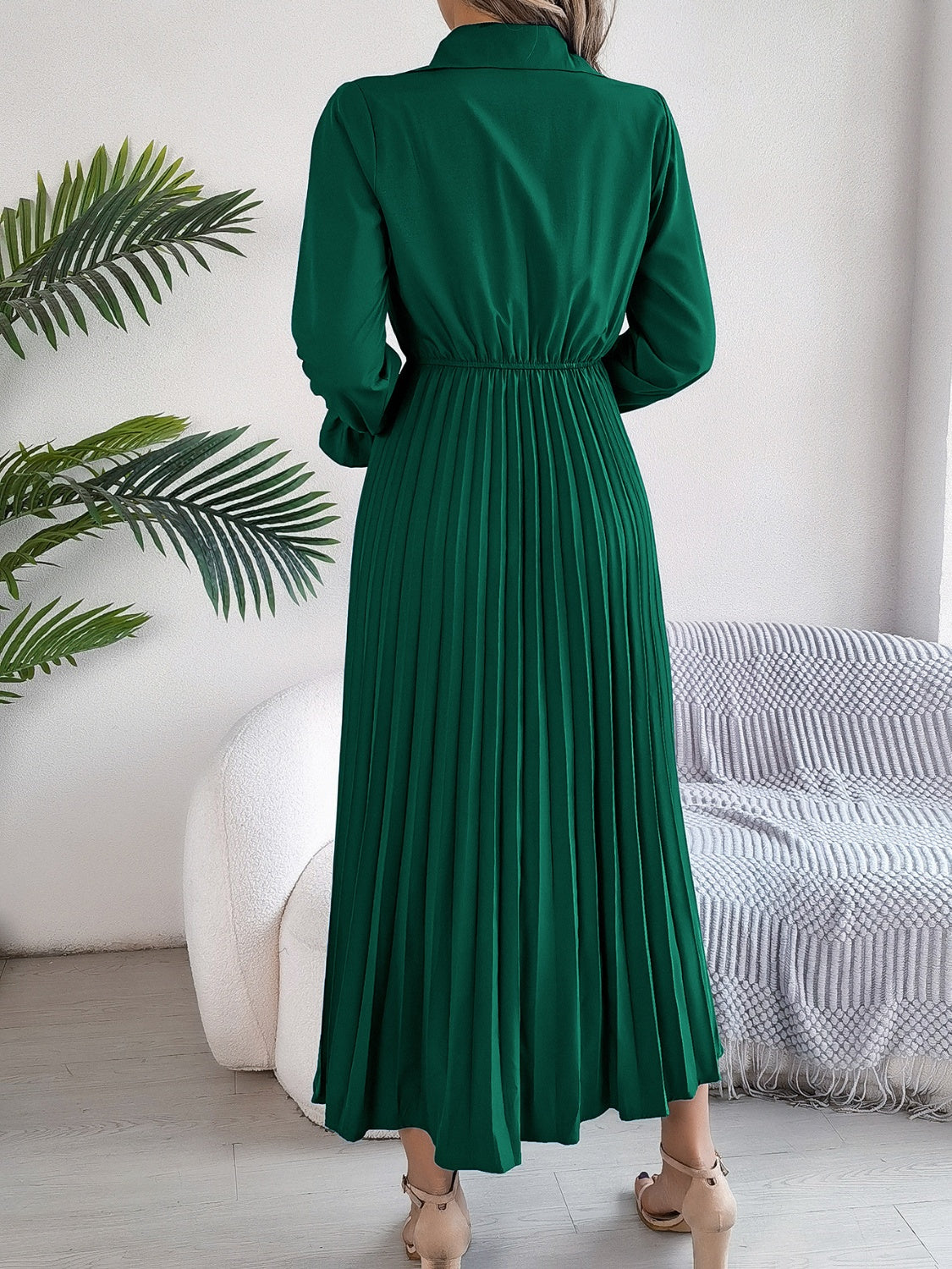 Stacey B's Pleated Half Button Long Sleeve Midi Dress