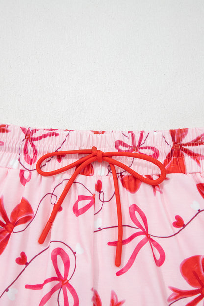 Stacey B's Red Romantic Bow Print Loose Tee Drawstring Shorts 2pcs Lounge Set