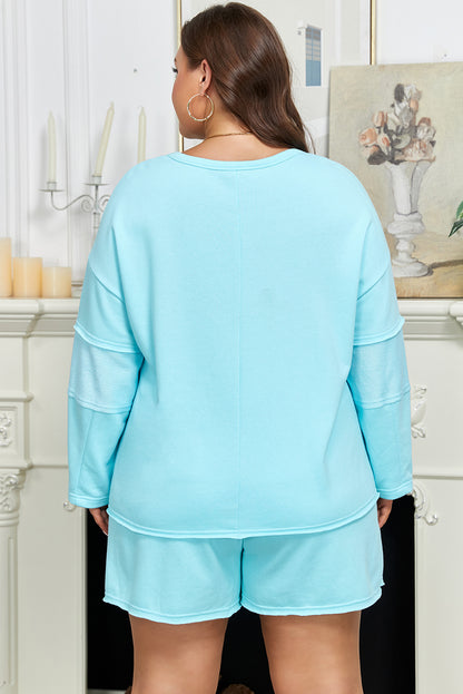 Stacey B's Aruba Blue Plus Size Solid Color Splicing Raw Hem Pullover Top Shorts Set