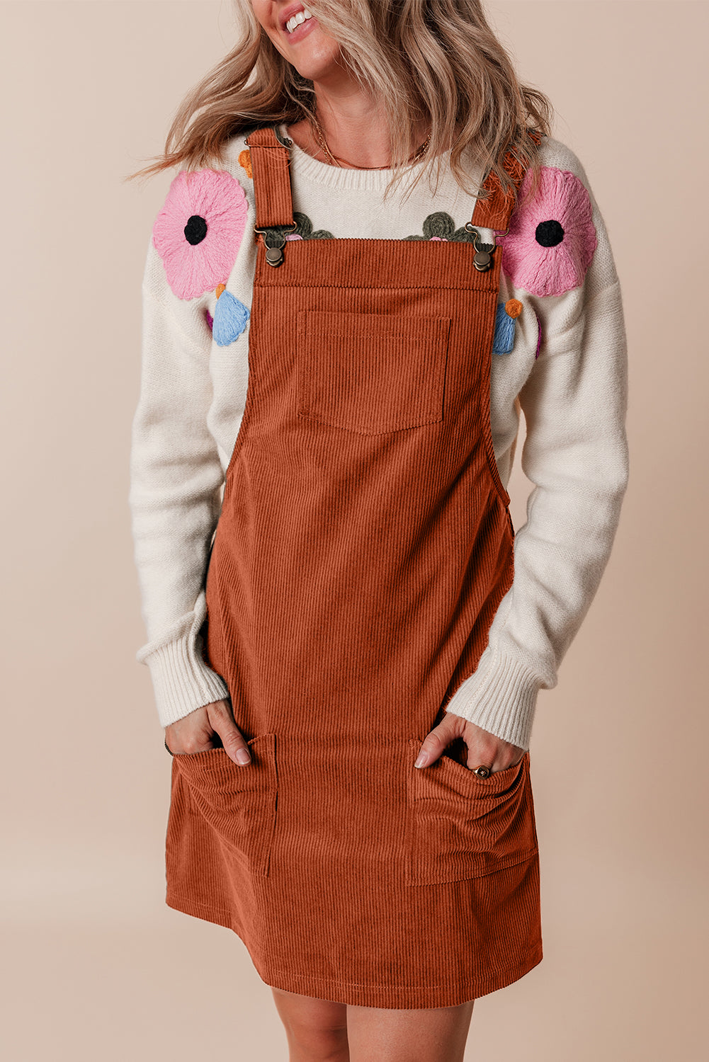 Stacey B's Cinnamon Solid Front Pockets Sleeveless Corduroy Overall Dress