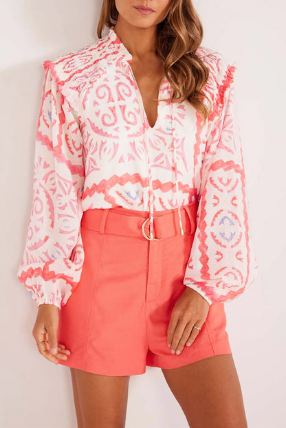 Stacey B's Desert Flower Vintage Print Smocked Poet Collar Billowy Blouson Sleeves Blouse