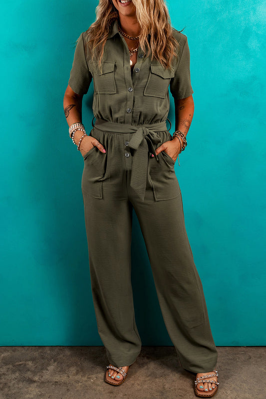 Stacey B's Moss Green Half Button Belted Utility Short Sleeve Jumpsuit