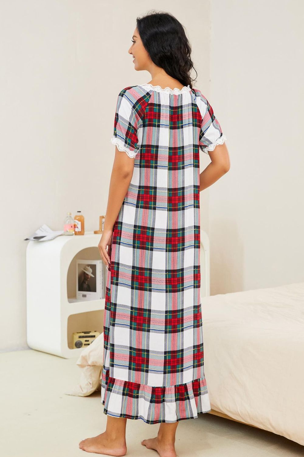 Stacey B's Plaid Lace Trim Ruffle Hem Night Dress