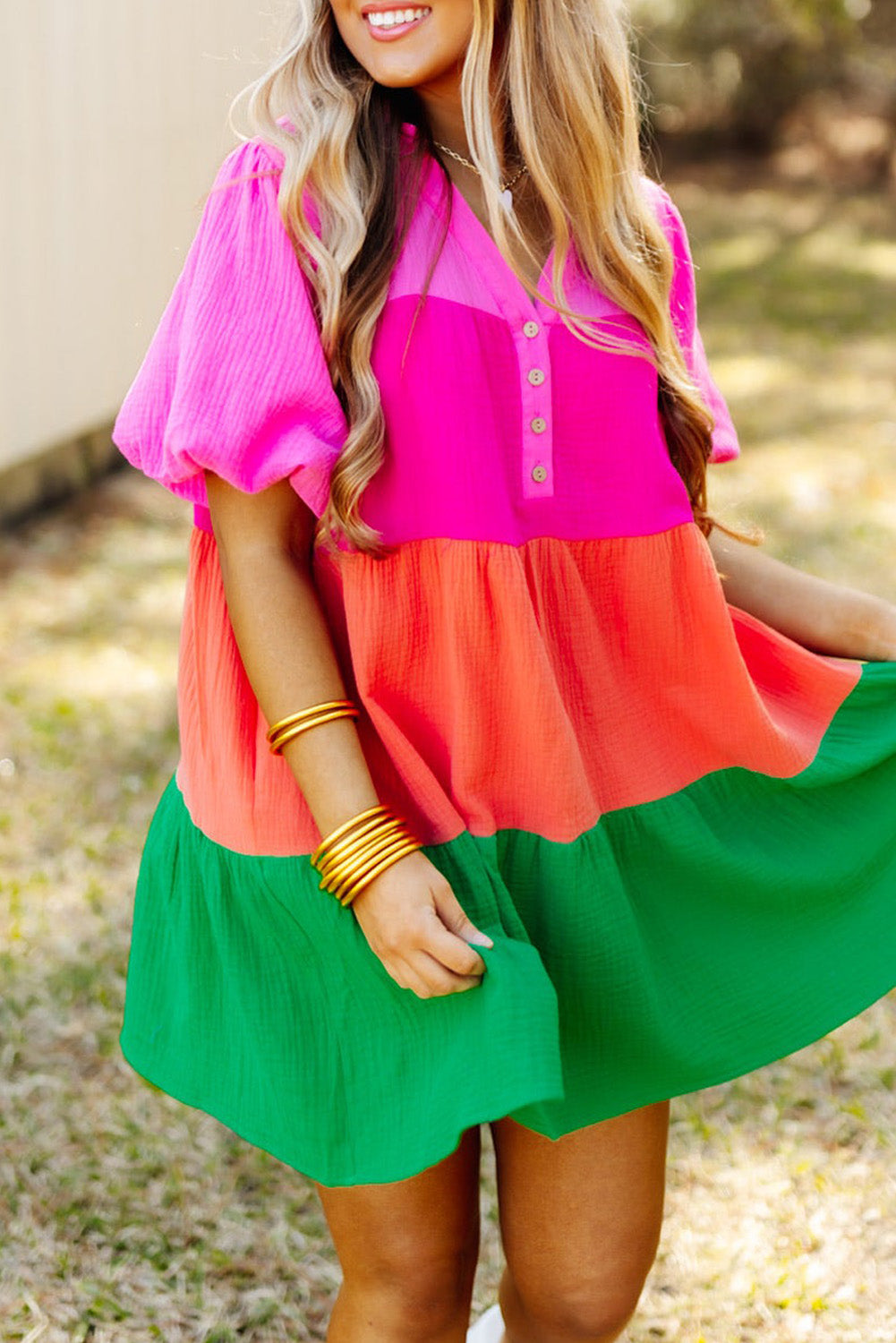 Stacey B's Multicolor Color Block Tiered Puff Sleeve Dress