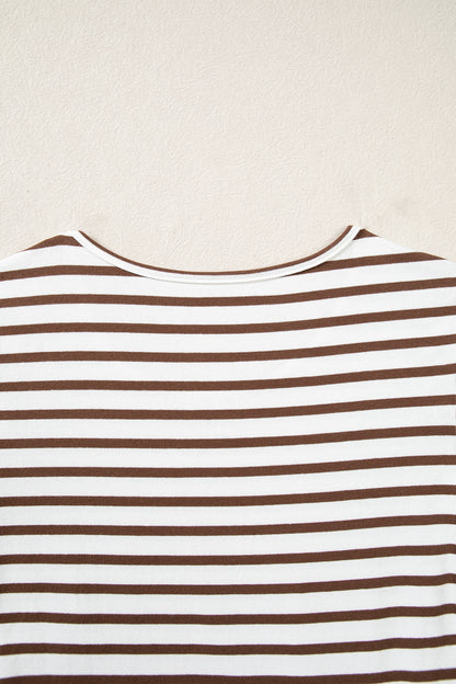 Stacey B's Brown Stripe Ribbed Knit Long Sleeve Bodice Contrast Patchwork Flared Dress