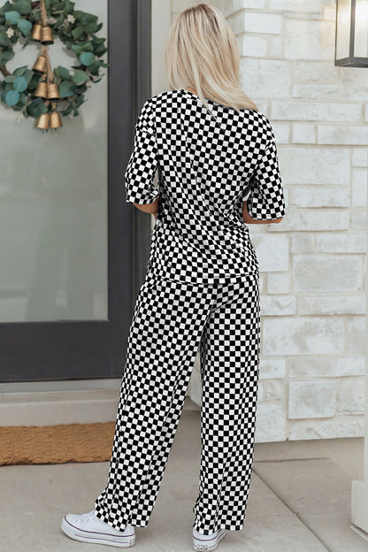 Stacey  B's Rose Checkered Print Half Sleeve Tee 2pcs Lounge Pant Set