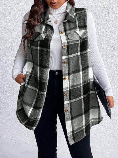 Stacey B's Honey Plus Size Pocketed Plaid Button Up Vest Coat