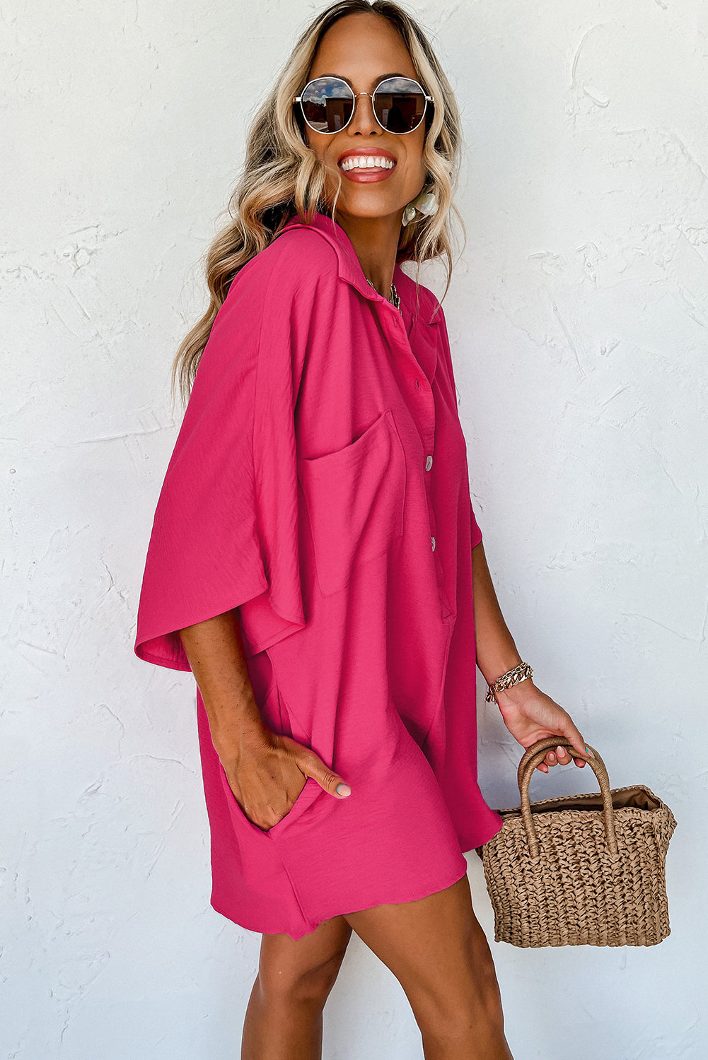 Stacey B's Bright Pink Plain Half Button Collared Pocket Loose Romper