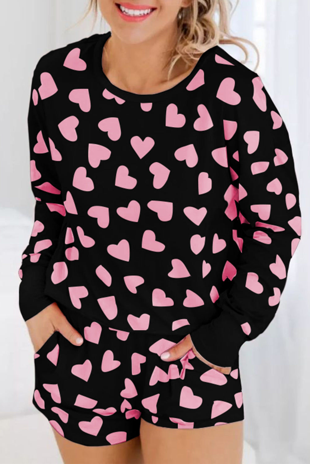 Stacey B's Heart Print Long Sleeve Top and Shorts Lounge Set