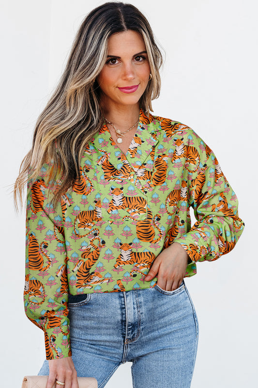 Stacey B's Green Tiger Floral Printed Collared V Neck Casual Shirt