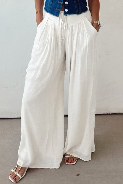 Stacey B's White Solid Drop Waist Pleated Wide Leg Casual Pants