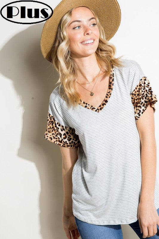 Stacey B's  Plus Stripe Animal Print Mixed Top