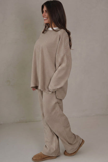 Stacey B's Beige Stripe Contrast Trim Round Neck Oversize Long Sleeve Top 2pcs Pant Set