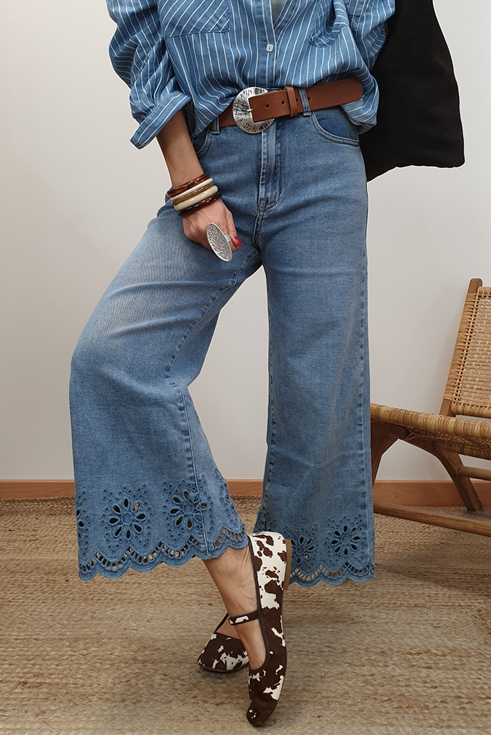 Stacey B's Dusk Blue Embroidered Cropped Wide Leg High Waist Jeans