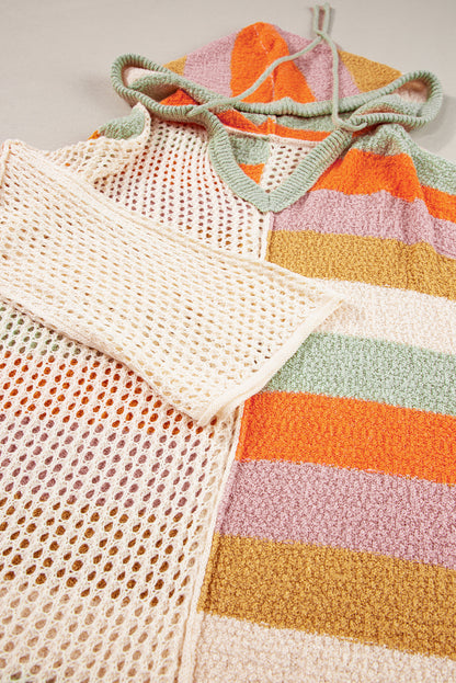 Stacey B's Beige Oversized Colorblock V Neck Hooded Sweater