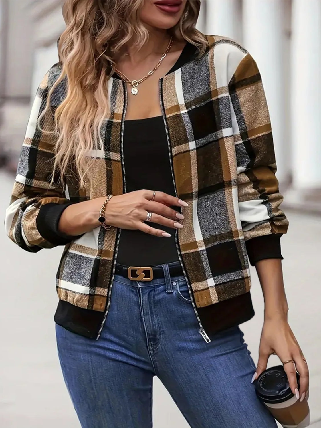 Stacey B's  Plaid Baseball Collar Zip Up Jacket