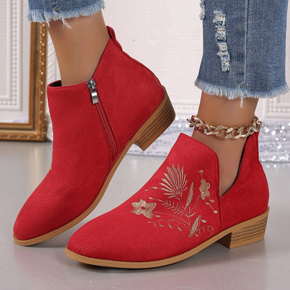 Stacey B's Embroidered Suede Point Toe Block Heel Boots