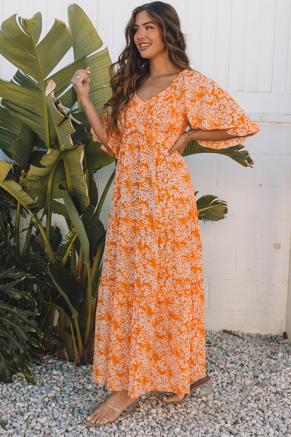 Stacey B's Orange Floral Print Smocked V Neck Wide Sleeve Maxi Dress