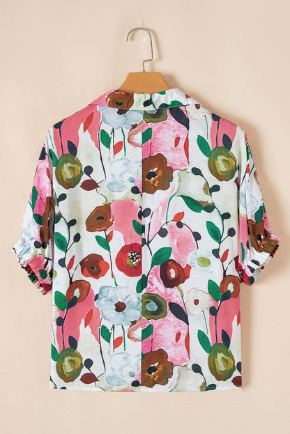 Stacey B's Pink Floral Print Slit V Neck Short Sleeve Blouse