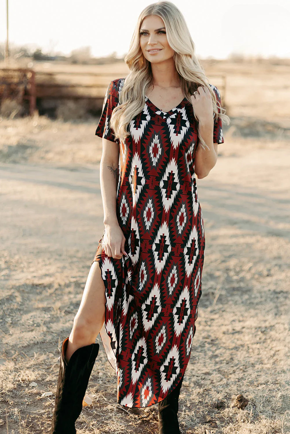 Stacey B's Red Western Aztec Printed Long T-shirt Dress