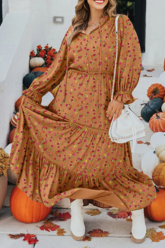 Stacey B's Brown Plus Size Floral Split V Neck Ruffled Sleeve Tiered Maxi Dress