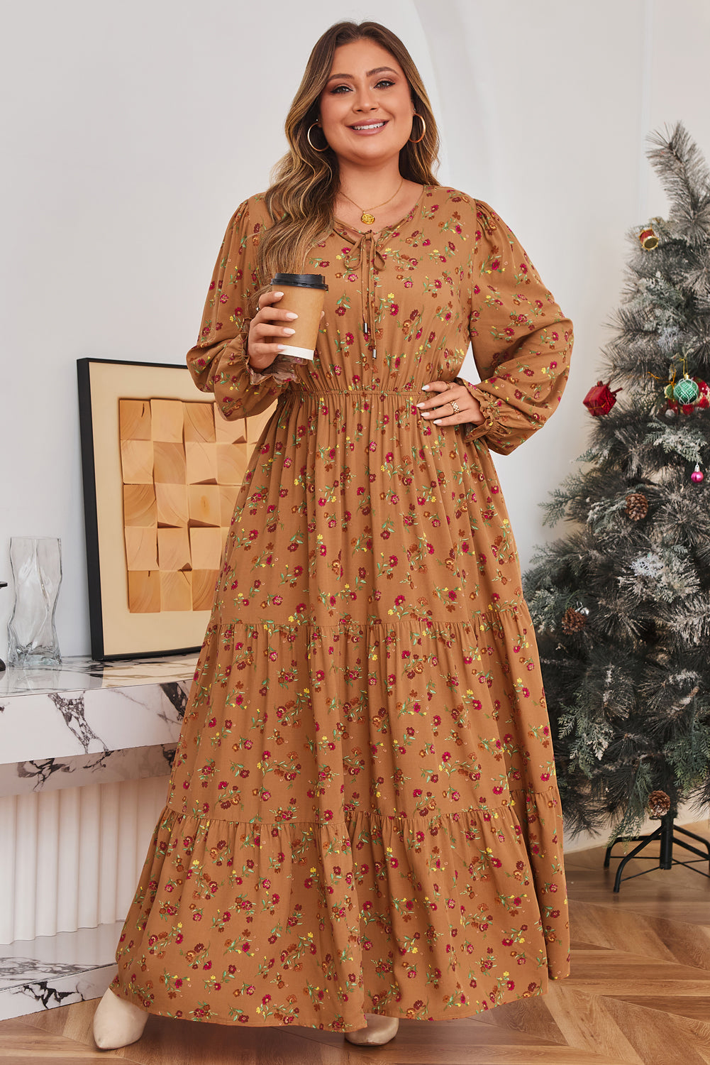 Stacey B's Brown Plus Size Floral Split V Neck Ruffled Sleeve Tiered Maxi Dress