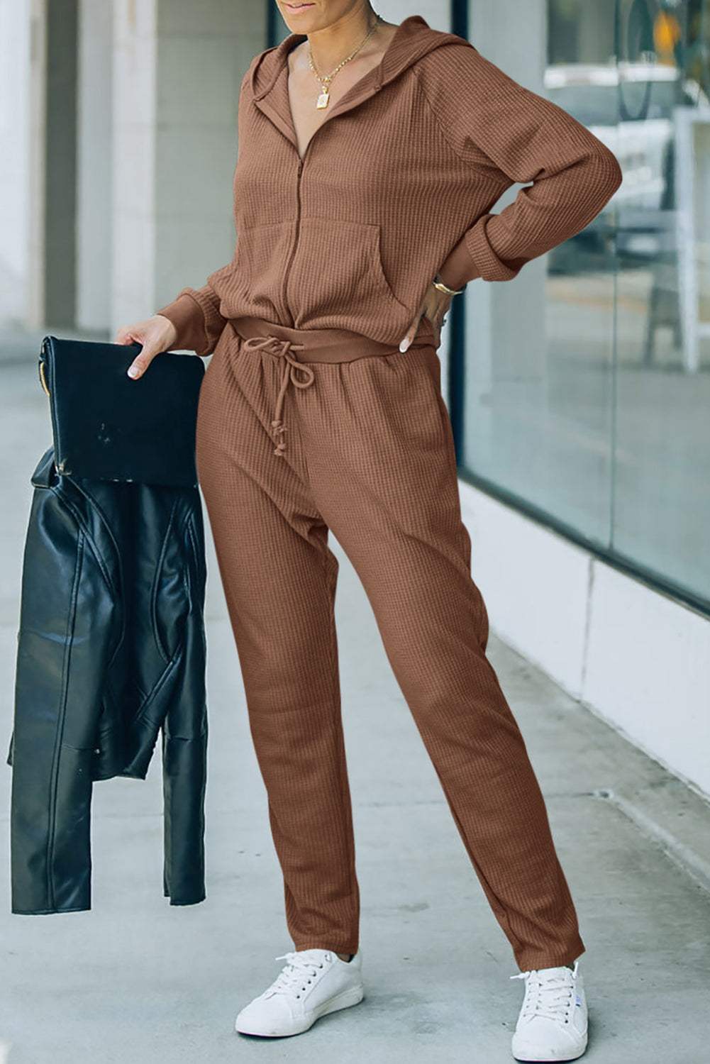 Stacey B's Brown Waffle Knit Zip-Up Hoodie and Pants Athleisure Outfit