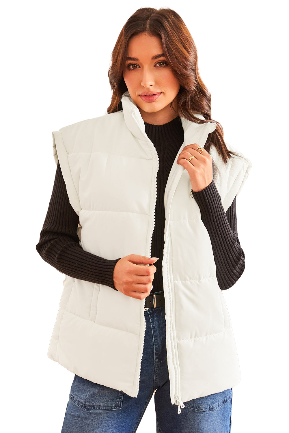 Stacey B's Beige Zipper Stand Neck Oversized Puffer Vest