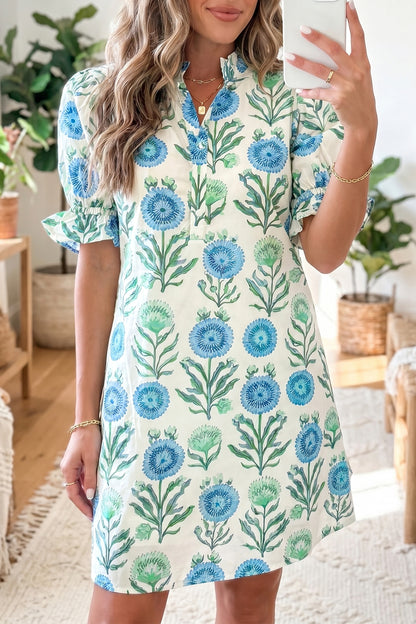 Stacey B's Sky Blue Floral Print Half Button Frilly Short Sleeve Dress